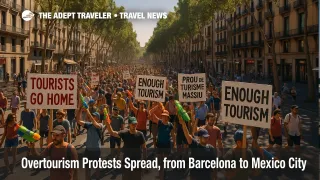 A crowd on Barcelona's La Rambla uses water guns and signs during overtourism protests, illustrating managed tourism debate.