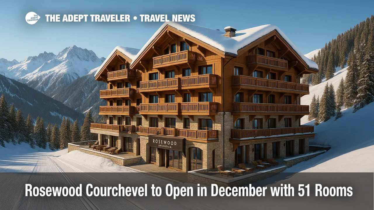 An exterior of Rosewood Courchevel in Jardin Alpin with ski-in, ski-out access and the French Alps rising behind the terrace.