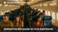 Southwest cabin scene with travelers online using free inflight Wi-Fi, highlighting the Southwest free WiFi Rapid Rewards launch.