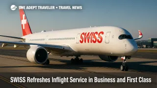 A SWISS A350-900 on the ramp at Boston, illustrating the Swiss Senses cabin launch and the refreshed SWISS inflight service.