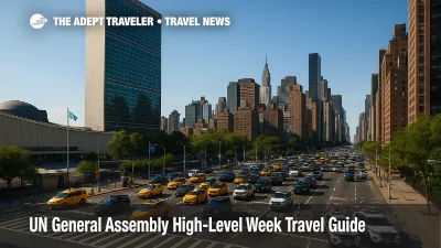 Midtown East congestion near the UN Headquarters with police checkpoints, ideal routes for airport transfers during UN General Assembly High-Level Week.