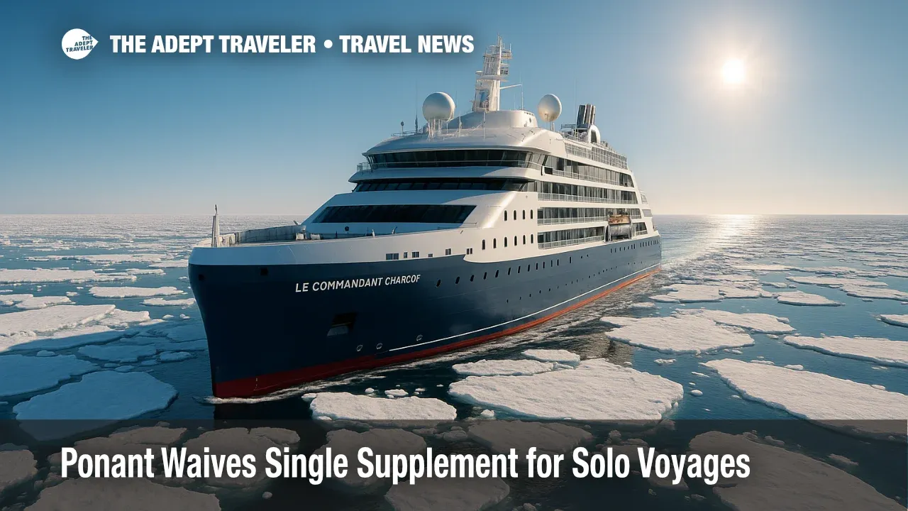 Le Commandant Charcot navigates bright Arctic pack ice during a luxury expedition cruise, highlighting Ponant's solo travel single-supplement waiver.