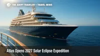 A small expedition yacht cruises the Mediterranean under clear skies, positioned for a 2027 solar eclipse expedition at sea.