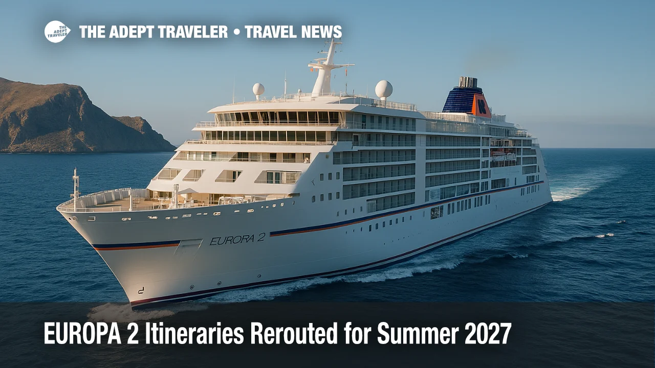 A EUROPA 2 cruise ship under clear skies near a rugged coastline, illustrating the summer 2027 EUROPA 2 itineraries that replace Red Sea routes.