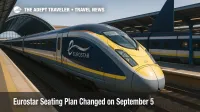 Eurostar e320 at St Pancras platform as travelers adjust to a seating plan change, checking coach maps and refreshed mobile tickets.