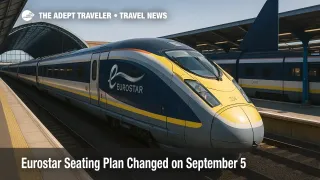 Eurostar e320 at St Pancras platform as travelers adjust to a seating plan change, checking coach maps and refreshed mobile tickets.