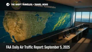 A wide FAA Command Center map shows weather tracks and routes, illustrating Ground Delay Program risk in the FAA daily air traffic report.
