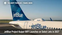 JetBlue narrowbody at the gate shows tail and antenna fairing for JetBlue Project Kuiper WiFi, highlighting LEO satellite internet upgrade.
