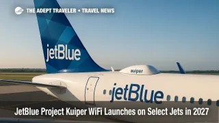 JetBlue narrowbody at the gate shows tail and antenna fairing for JetBlue Project Kuiper WiFi, highlighting LEO satellite internet upgrade.