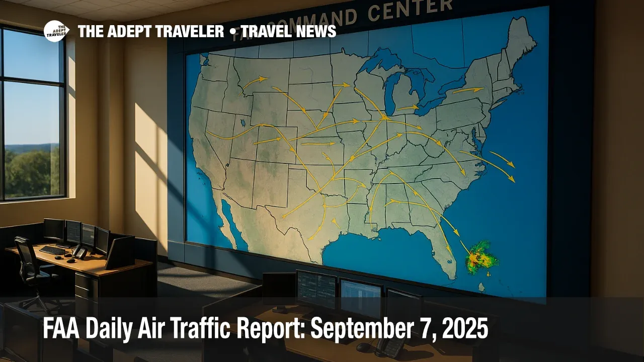 A wide FAA Command Center map highlights Florida storms and SFO scheduling delays referenced in the FAA Daily Air Traffic Report for September 7, 2025.