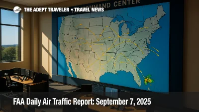 A wide FAA Command Center map highlights Florida storms and SFO scheduling delays referenced in the FAA Daily Air Traffic Report for September 7, 2025.