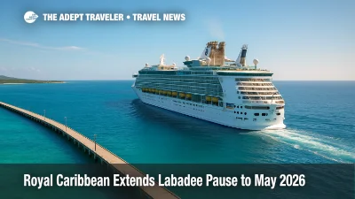 Royal Caribbean ship sails past a Caribbean pier after an itinerary change, replacing Labadee with a private island or Grand Turk as a Royal Caribbean Labadee alternate.