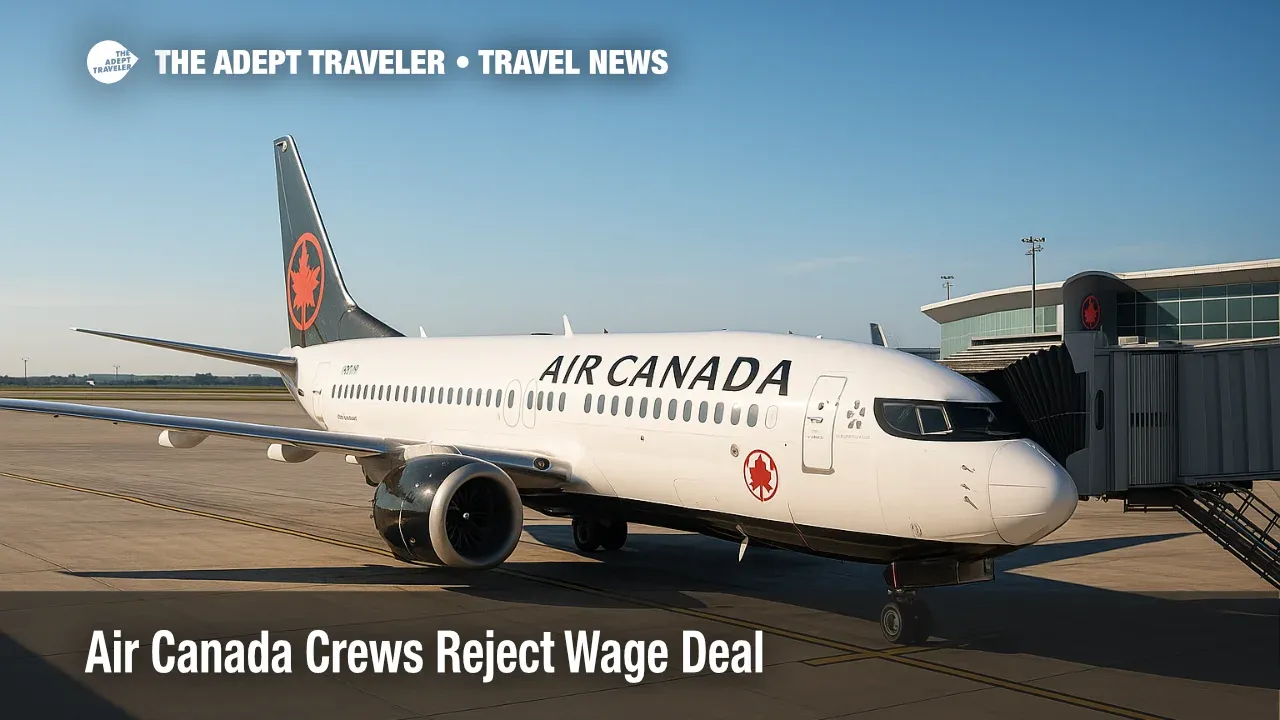 An Air Canada jet at the gate under clear skies as operations continue during a wage dispute focused on pre-flight pay and mediation.
