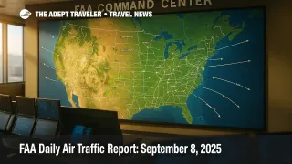 A wide FAA Command Center map shows weather, routes, and delay hotspots for the FAA Daily Air Traffic Report on September 8, 2025.