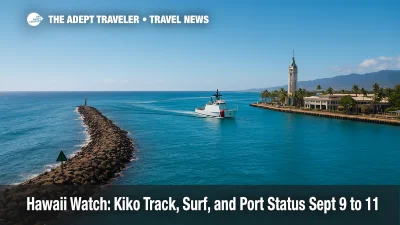 Elevated view of Honolulu Harbor channel with calm seas and Aloha Tower, illustrating Hurricane Kiko Hawaii surf and port condition monitoring.