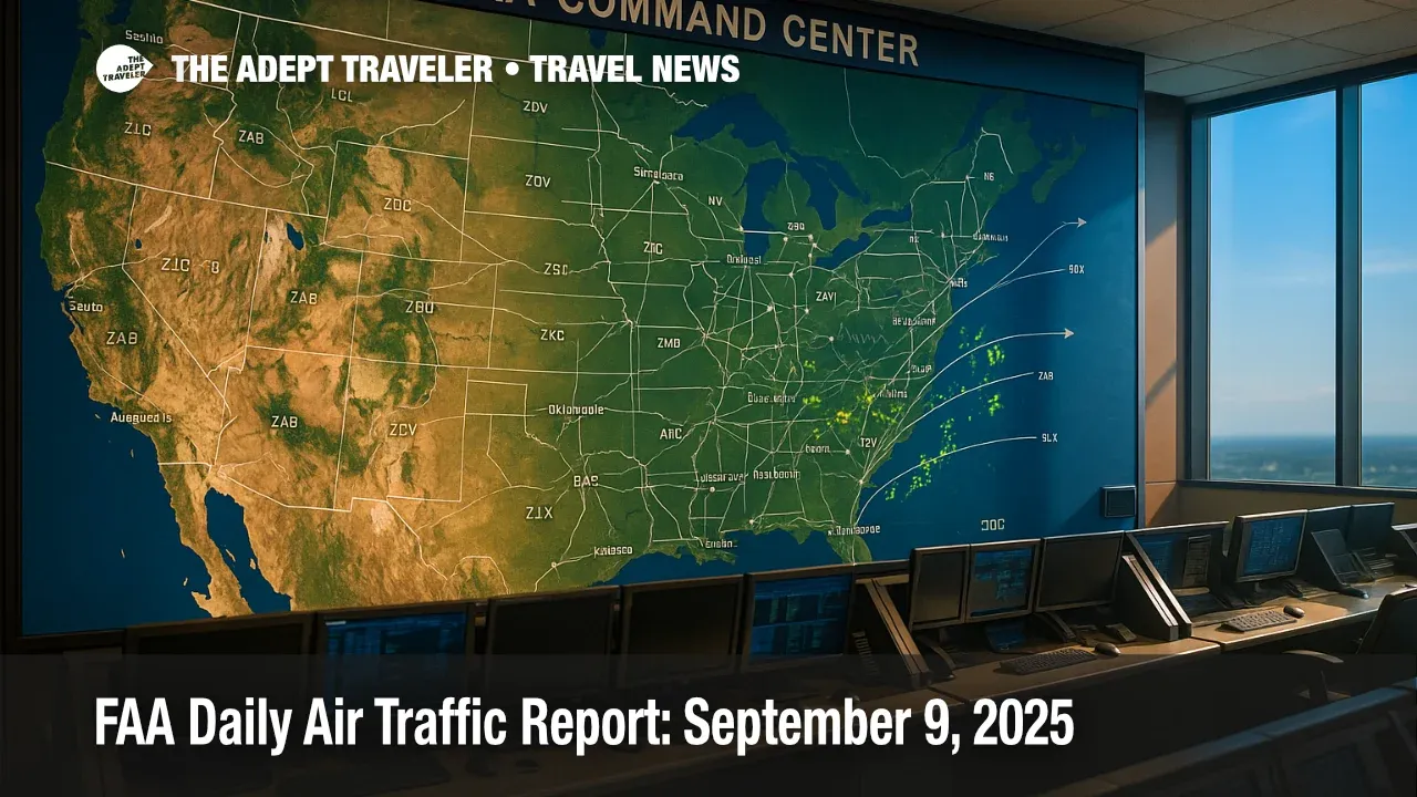 Wide view of the FAA Command Center wall showing national flows as the daily plan notes ground delay programs and airspace flow program risks.