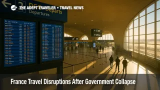 Departure hall at Paris Charles de Gaulle during protest season, with flight boards and security posts, reflecting France travel disruptions risk.
