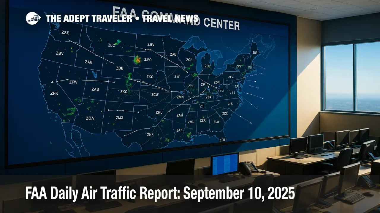 FAA Command Center operations wall shows weather and routes for the FAA daily air traffic report, with controllers' consoles in the foreground.
