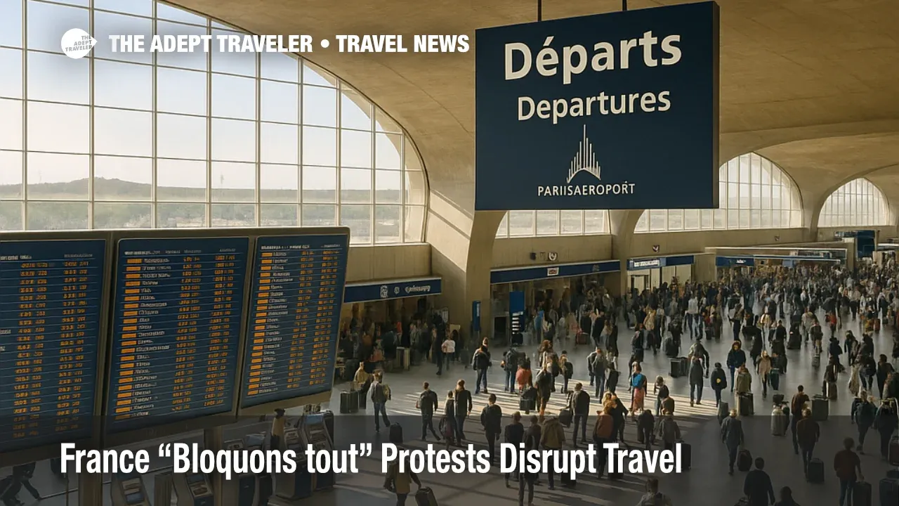 Busy CDG departures hall viewed from above during France Bloquons tout protests as travelers adjust plans and airport transfers face delays.