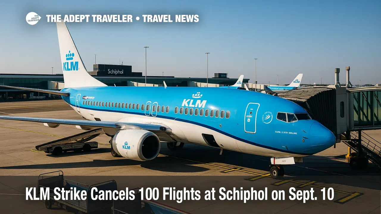 A KLM jet stands at an Amsterdam Schiphol gate as ramps pause, illustrating morning delays and cancellations during the KLM strike.