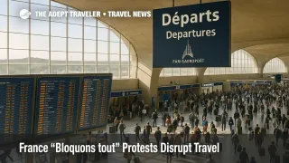 Busy CDG departures hall viewed from above during France Bloquons tout protests as travelers adjust plans and airport transfers face delays.