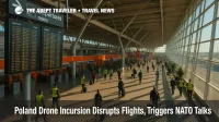 Departures hall at Warsaw Chopin during heightened security after the Poland drone incursion, with travelers facing European travel disruption.