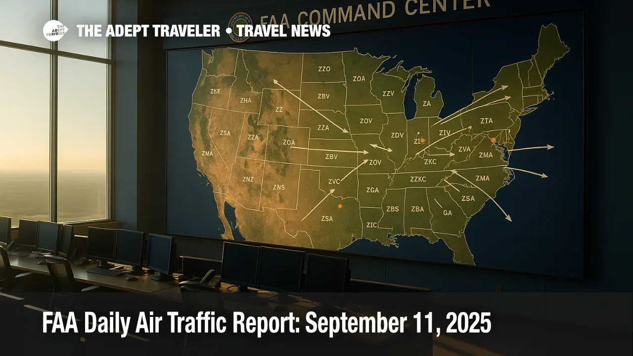 A wide FAA Command Center wall map shows flows and delay hotspots, illustrating the FAA Daily Air Traffic Report and likely ground delay program risks.