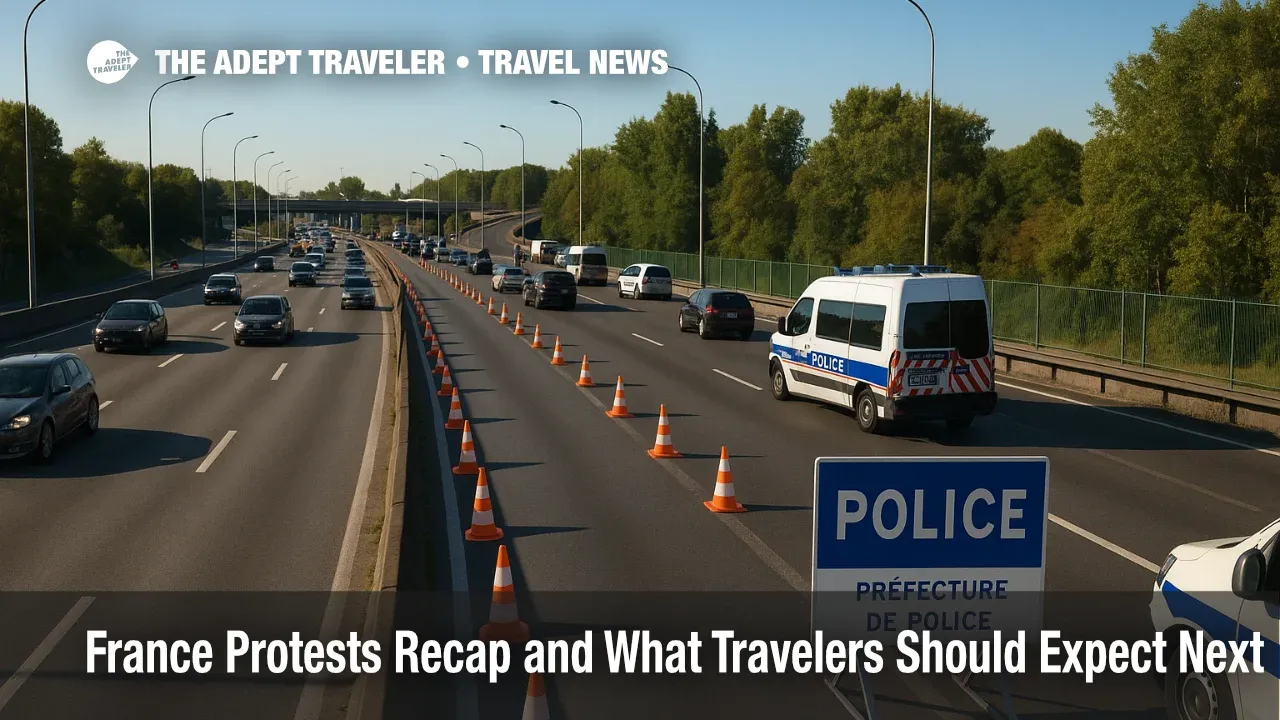 Police checkpoint and rerouted traffic on Paris ring road during France protests, with evening airport schedule cuts and metro closures impacting travel.