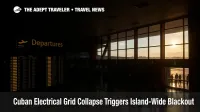 Passengers navigate dim concourses at José Martí International Airport amid a Cuba blackout, with backup lighting highlighting travel disruption.