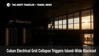 Passengers navigate dim concourses at José Martí International Airport amid a Cuba blackout, with backup lighting highlighting travel disruption.
