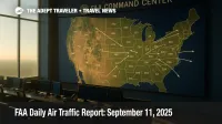 A wide FAA Command Center wall map shows flows and delay hotspots, illustrating the FAA Daily Air Traffic Report and likely ground delay program risks.