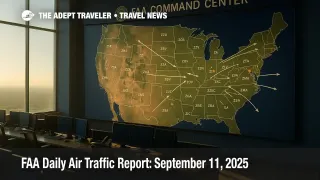 A wide FAA Command Center wall map shows flows and delay hotspots, illustrating the FAA Daily Air Traffic Report and likely ground delay program risks.