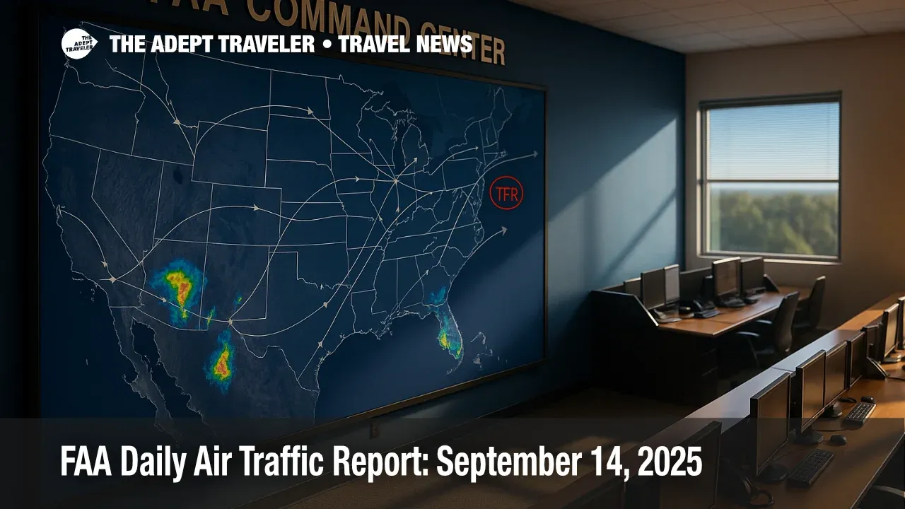 A wide FAA Command Center map highlights Florida storms, West Coast low ceilings, and a VIP TFR, illustrating today's FAA Daily Air Traffic Report.