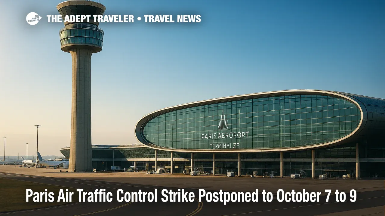 A wide view of CDG's control tower and terminal under clear skies, illustrating the Paris air traffic control strike timing and operational impact.