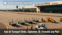 Baggage carts on the Milan Malpensa ramp during Italy air transport strike planning, with apron equipment staged for limited operations.