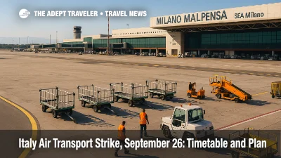 Baggage carts on the Milan Malpensa ramp during Italy air transport strike planning, with apron equipment staged for limited operations.