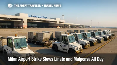 Baggage tractors and tug units parked on the Milano Malpensa apron during a ground handling strike disrupting Milan airport operations.