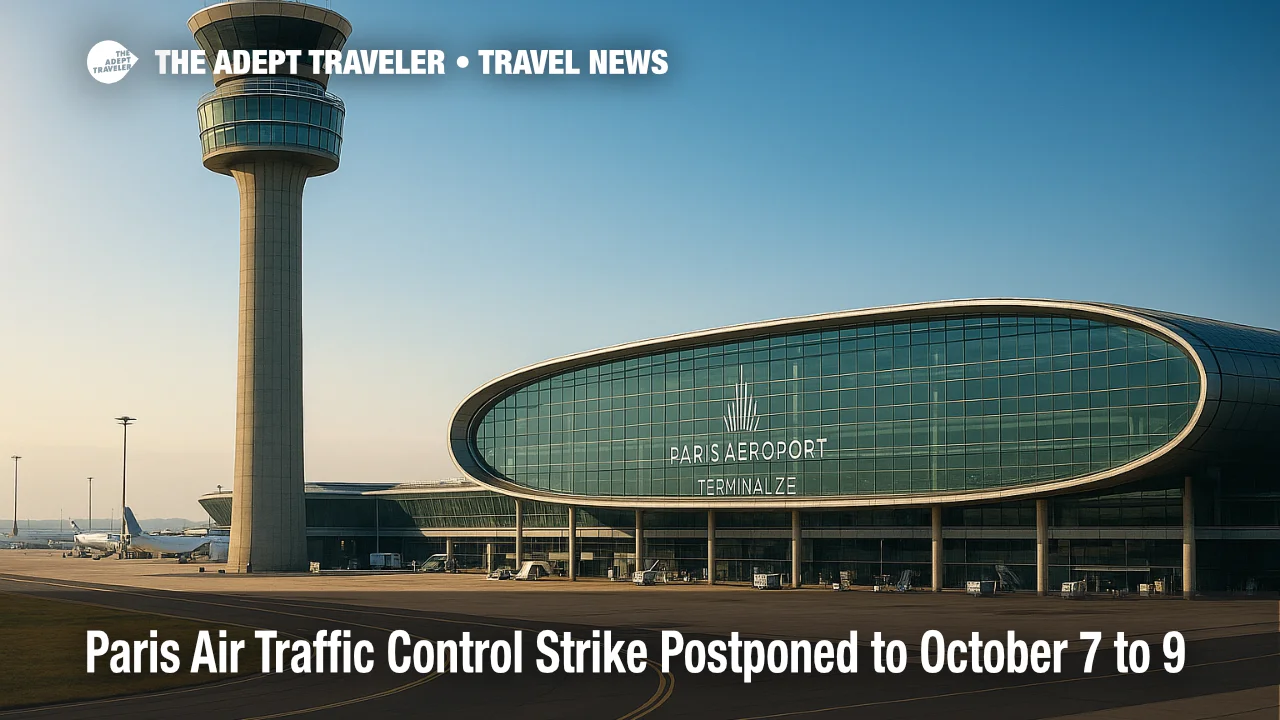 A wide view of CDG's control tower and terminal under clear skies, illustrating the Paris air traffic control strike timing and operational impact.
