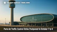 A wide view of CDG's control tower and terminal under clear skies, illustrating the Paris air traffic control strike timing and operational impact.