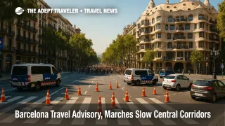 A managed march slows traffic on Passeig de Gràcia near Plaça de Catalunya, with cones and police vans, Barcelona travel advisory.