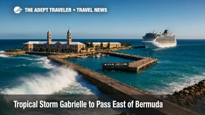 Rough Atlantic swell pushes into Royal Naval Dockyard as Tropical Storm Gabrielle passes east of Bermuda, with cruise piers in bright sun.