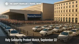 Crowd-control barriers near Rome Termini during Italy solidarity protests, with public transport slowdowns affecting airport transfers.