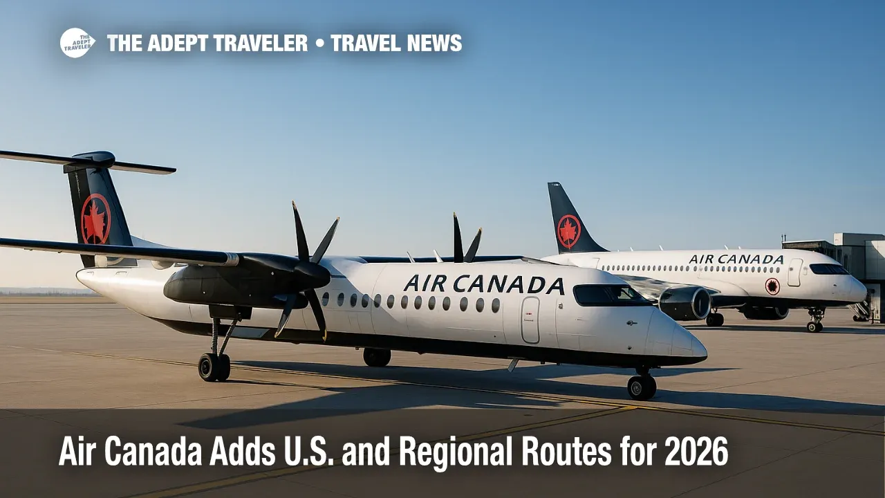 anada Q400 and A220 on the ramp under clear skies, illustrating new transborder routes and regional network growth in 2026.