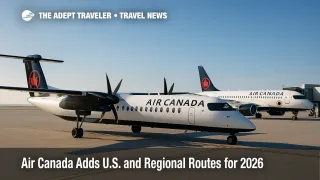 anada Q400 and A220 on the ramp under clear skies, illustrating new transborder routes and regional network growth in 2026.