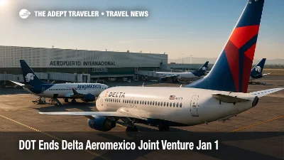 A wide view of MEX Terminal 2 shows Delta and Aeromexico aircraft on stand, illustrating Mexico City connections and SkyTeam traveler options.