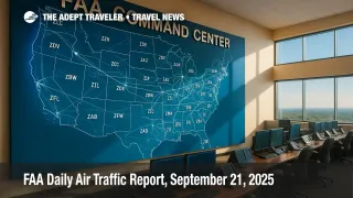 A wide view of the FAA Command Center wall map with traffic flow lines, illustrating today's FAA daily air traffic report and reroutes.