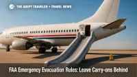 A deployed evacuation slide beside a jet shows why travelers must leave carry-on baggage behind, supporting FAA emergency evacuation guidance.