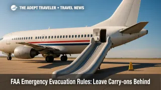 A deployed evacuation slide beside a jet shows why travelers must leave carry-on baggage behind, supporting FAA emergency evacuation guidance.