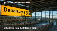 Amsterdam Schiphol departures hall with yellow wayfinding and check-in islands, illustrating Netherlands flight tax changes planned for 2026 and 2027.