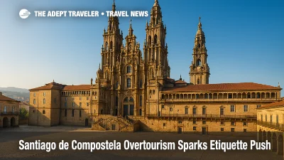 A wide view of Praza do Obradoiro and the cathedral illustrates Santiago de Compostela overtourism as Camino pilgrims converge on the historic square.